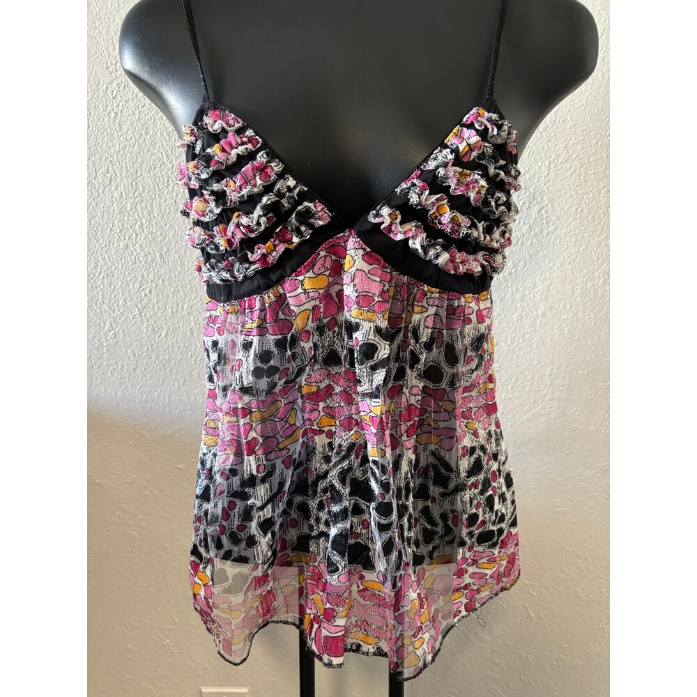 Natori Pink Black Yellow Printed Ruffled Camisole